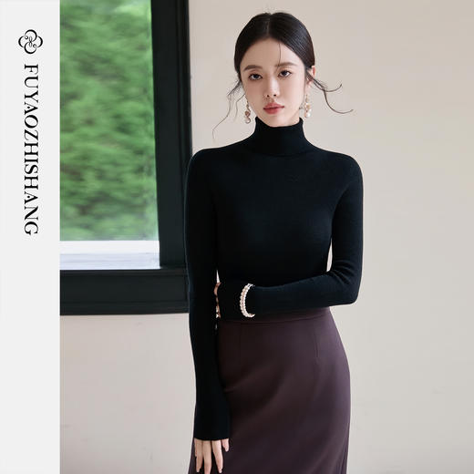 FUYAO扶摇 纯羊绒衫气质黑色上衣女秋冬百搭高级感针织衫修身显瘦 商品图3