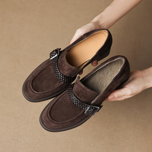 【预售5天】法式头层羊翻皮中跟乐福鞋女秋冬加绒深口单鞋一脚蹬小皮鞋NGMZR&72-231 商品图2