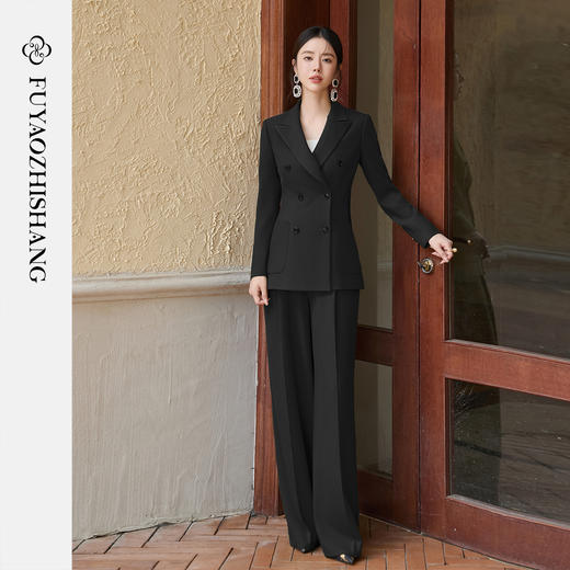 FUYAO扶摇 秋冬时尚套装女黑色双排扣阔版西装直筒裤高级感两件套 商品图3