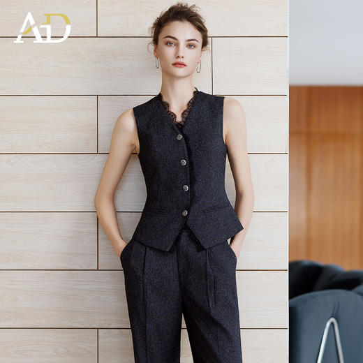 AD时尚英伦风马甲女高级感职业装蕾丝边马夹上衣花灰色直筒西装裤 商品图2