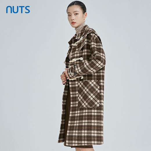 NUTS商场同款冬季新款时尚气质牛角扣格子手工呢大衣女241156411 商品图2