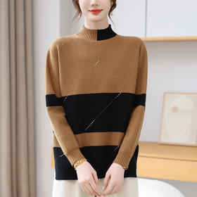 CC 28-1582半高领条纹针织衫撞色宽松显瘦毛衣