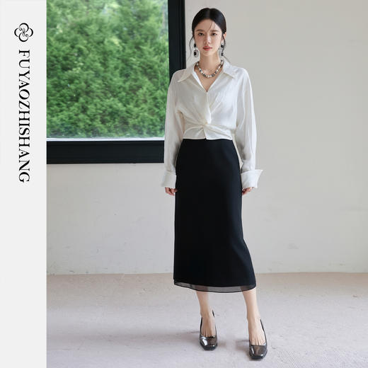 FUYAO扶摇 桑蚕丝白色衬衫套裙女2025秋季小众褶皱上衣轻奢两件套 商品图3