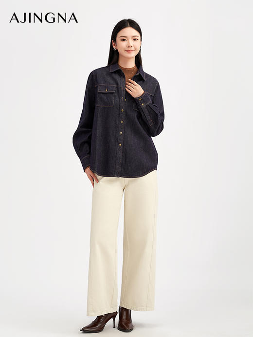 【商场同款】阿菁娜秋季新款复古牛仔蓝衬衫宽松廓形带盖贴兜腔调感叠穿搭配A30Q209023 商品图3