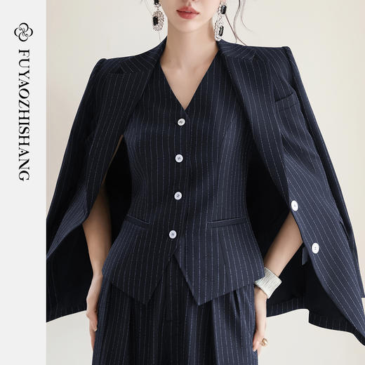 FUYAO扶摇 藏青色条纹西装马甲女秋冬新款复古叠穿无袖背心上衣 商品图2