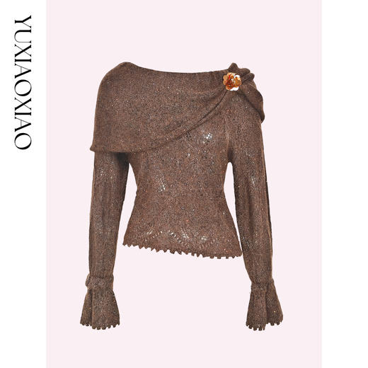 余潇潇【伦萨千金】马海毛羊毛桑蚕丝大翻领荷叶边袖一字肩亮片毛衣 商品图4