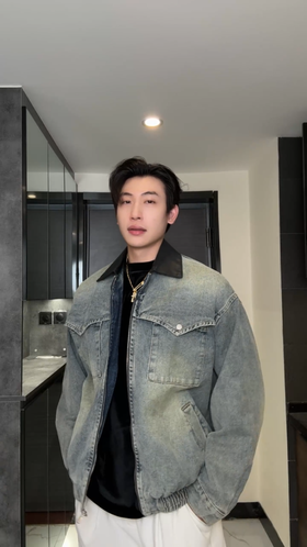 9276SDSA男士秋冬新款痞帅男装美式潮牌拼皮翻领牛仔外套街头时尚百搭