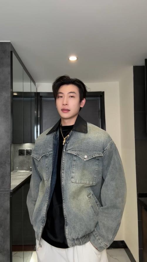 9276SDSA男士秋冬新款痞帅男装美式潮牌拼皮翻领牛仔外套街头时尚百搭 商品图0