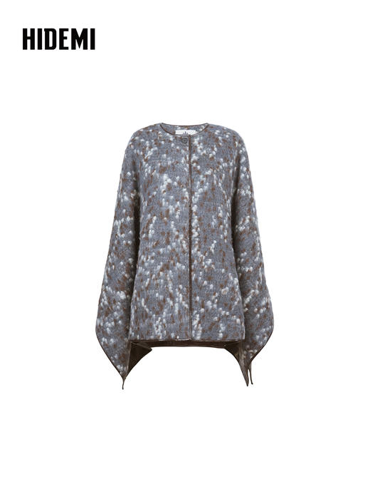 HIDEMI 大秀款进口羊驼毛绵羊毛混纺提花手工皮边镶嵌拼接斗篷大衣外套 商品图12