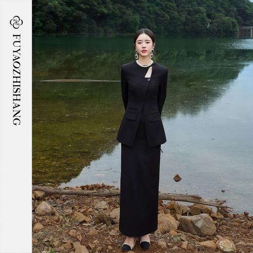 FUYAO扶摇 羊毛西装套装女2025秋冬新中式斜襟国风西服半裙两件套 商品图3