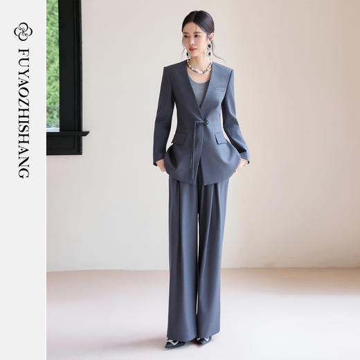 FUYAO扶摇 2025新款时尚套装女秋冬灰色高级感西装阔腿裤两件套 商品图0