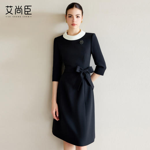 艾尚臣黑色西装连衣裙女圆领缎面拼接裙子秋款职业套裙气质工作服 商品图2
