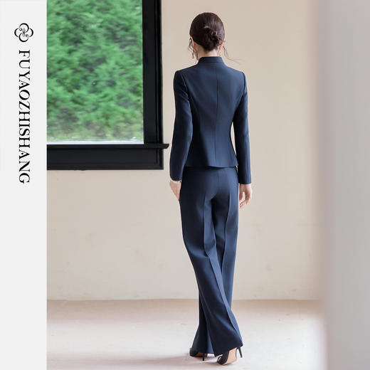 FUYAO扶摇 新中式盘扣西装套装女2025新款藏青色圆领西服中山装秋 商品图4