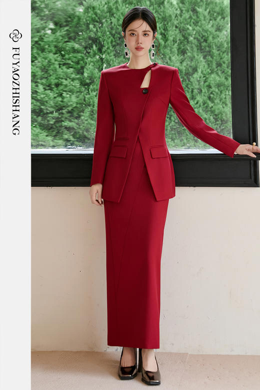 FUYAO扶摇 新中式红色西装两件套女秋冬羊毛西服复古国风时尚套装 商品图5