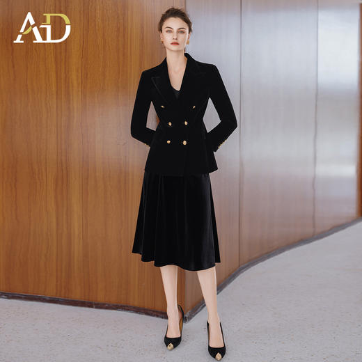 AD法式双排扣西装外套女2025新款秋冬高级感丝绒伞裙套装中长款 商品图1
