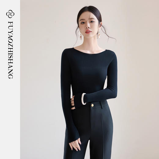 FUYAO扶摇 【100%绵羊毛】黑色显瘦打底衫女新款修身百搭针织衫冬 商品图3