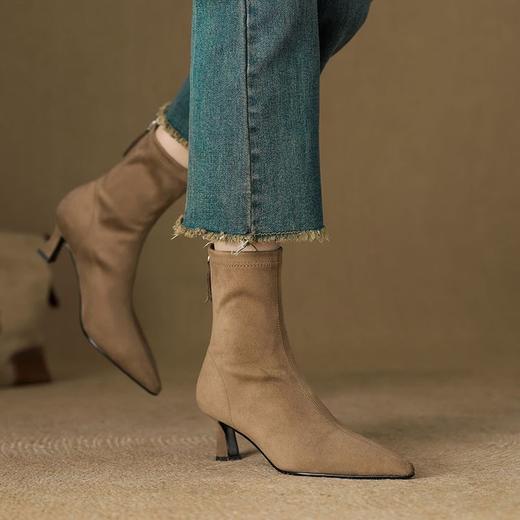 【预售5天】尖头高跟短靴女秋冬新款棕色麂皮绒面洋气裸靴弹力瘦瘦靴HB&8866 商品图2