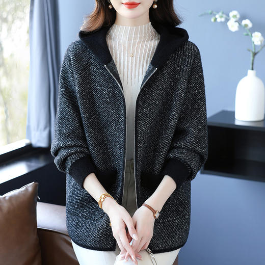 CC 10-5073连帽拉链百搭针织开衫毛衣呢子外套 商品图1