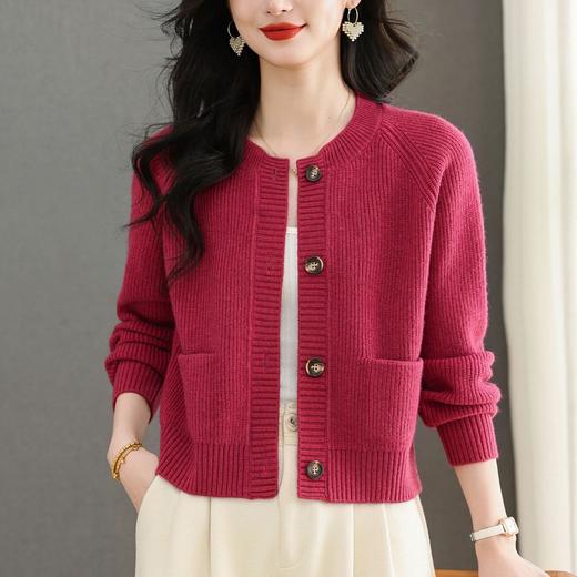 复古红色针织开衫，圆领短款显瘦百搭口袋毛衣长袖小外套CC-101-32122 商品图1