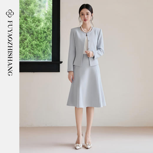 FUYAO扶摇 醋酸时尚套装女2025秋季蓝色圆领气质小香风西装两件套 商品图1