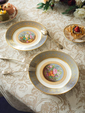 【已售】独角鹿西洋古董 19世纪法国御窑出品手绘描金装饰玛瑙蓝釉花卉主题赏盘一对