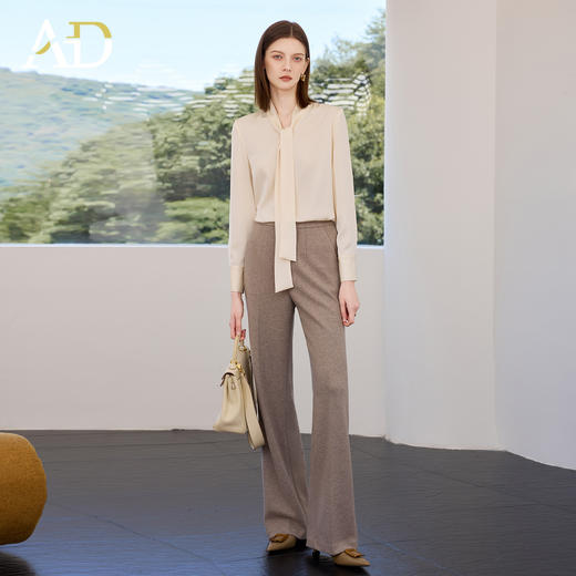 AD香槟色长袖衬衫女气质垂感飘带领上衣2025秋季新款时尚套装裤子 商品图3
