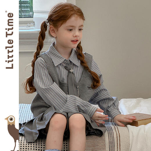 littletime女童套装2025秋冬新款儿童洋气条纹衬衫背心半裙三件套 商品图0