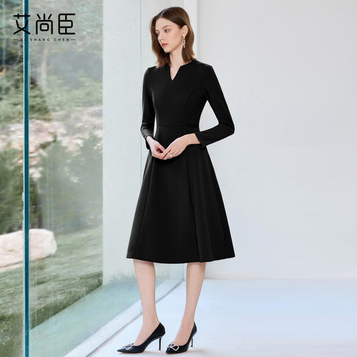 艾尚臣黑色西装连衣裙女早秋小黑裙收腰显瘦大摆裙售楼部工作服 商品图3