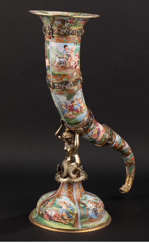 独角鹿西洋古董 1880年代奥地利出品古希腊神话主题珐琅彩绘银镀金装饰「丰饶之角」摆件 商品图2