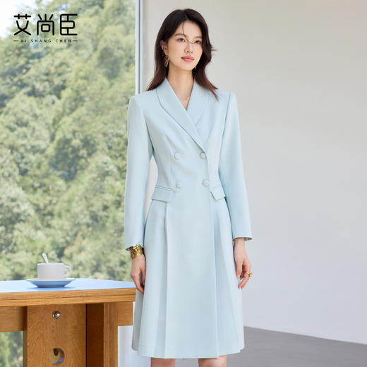 艾尚臣2025新款高级感通勤蓝色连衣裙气质优雅主持人美容院工作服 商品图0