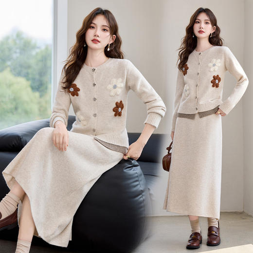 HR YBER615时尚拼色花绣圆领纽扣两件套裙 商品图1