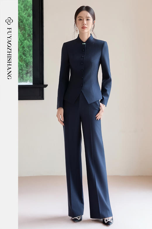 FUYAO扶摇 新中式盘扣西装套装女2025新款藏青色圆领西服中山装秋 商品图5