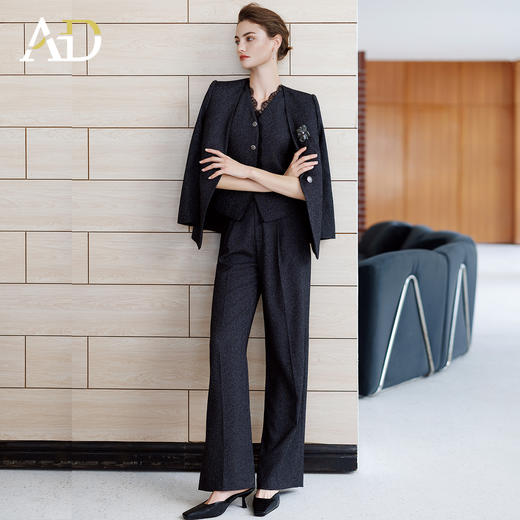 AD极简风宽肩廓形西装套装女高级感花灰色蕾丝西服三件套职业装 商品图1