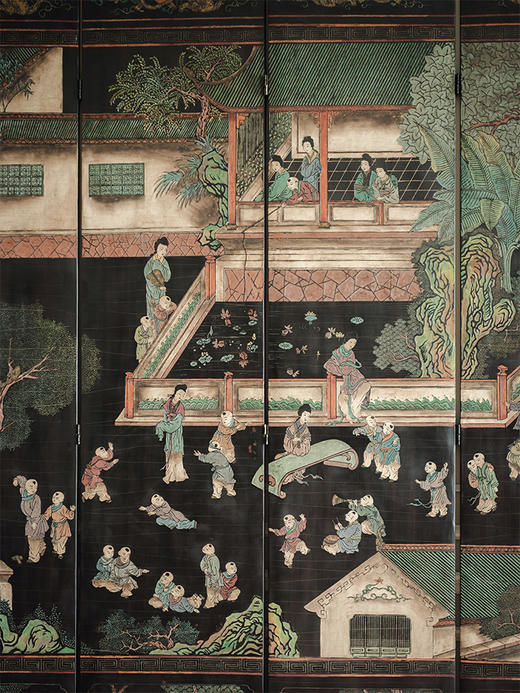 【已售】独角鹿西洋古董 20世纪初中国出品「六宫百子戏婴图」主题黑漆地款彩屏风 商品图3