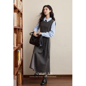 鹿向南「格雷腔调」假两件连衣裙女款2025秋季气质收腰厚款长裙