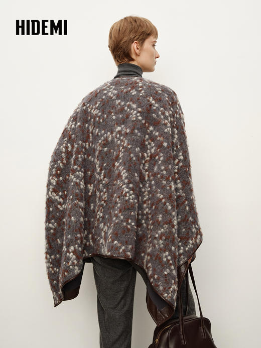 HIDEMI 大秀款进口羊驼毛绵羊毛混纺提花手工皮边镶嵌拼接斗篷大衣外套 商品图11