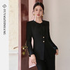 FUYAO扶摇 黑色时尚套装女新款复古斜襟圆领西装外套微喇裤两件套 商品缩略图1