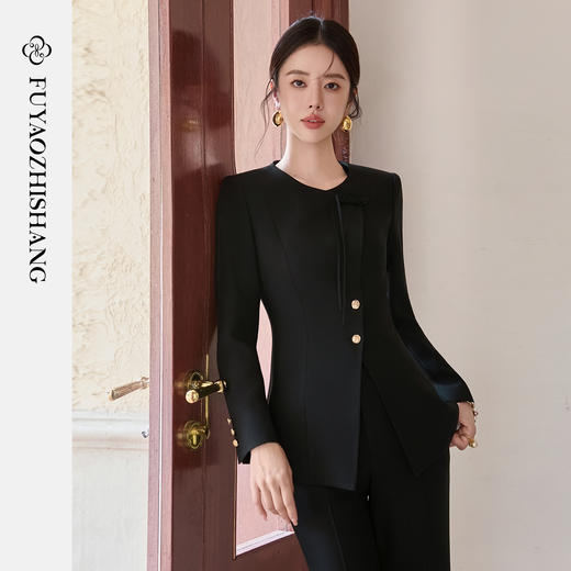 FUYAO扶摇 黑色时尚套装女新款复古斜襟圆领西装外套微喇裤两件套 商品图1