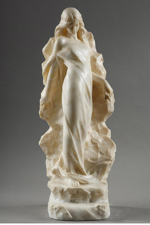 【已售】独角鹿西洋古董 19世纪意大利雕塑家Giuseppe Gambogi签名创作「岩石旁手持鲜花的年轻女子」雪花石雕塑 商品图0