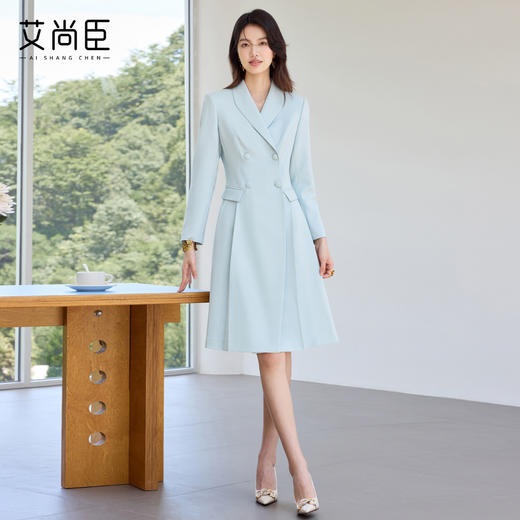 艾尚臣2025新款高级感通勤蓝色连衣裙气质优雅主持人美容院工作服 商品图3