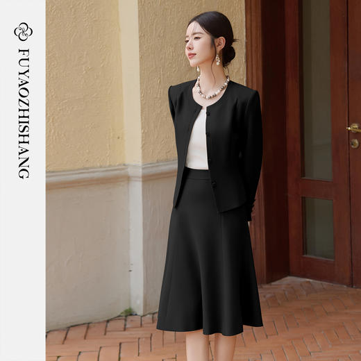 FUYAO扶摇 黑色醋酸半身裙两件套2025新款轻奢高级感圆领西装套装 商品图0