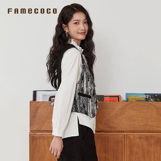 Famecoco范可儿马夹拼接系带V字领迷彩外穿马甲通勤女装春秋款FAB6CA022 商品图1