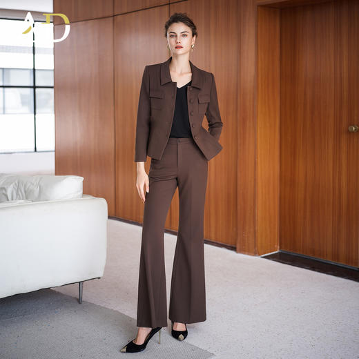 AD秋冬季磨毛套装女士职场通勤两件套2025新款棕色收腰正装阔腿裤 商品图1