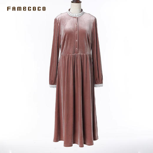 Famecoco范可儿优雅复古花边立领丝绒裙收腰连衣裙FAB6FA007 商品图4