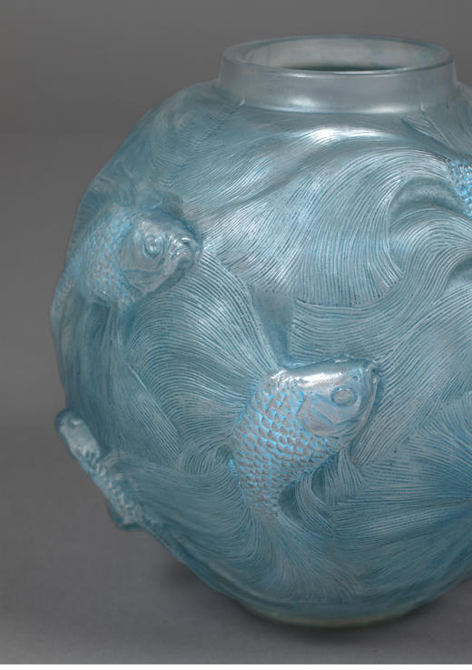 独角鹿西洋古董 1924年法国水晶工坊莱俪LALIQUE设计出品「Formose锦鲤」主题蓝色水晶花瓶 商品图3