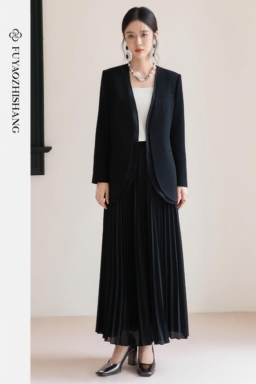 FUYAO扶摇 轻奢小香风西装套装女秋冬黑色高级感醋酸西服两件套 商品图5