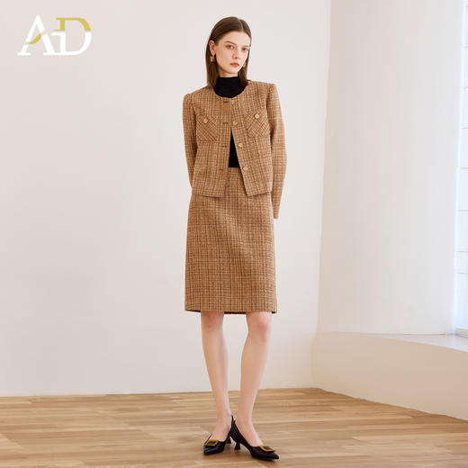 AD卡其色小香风套装女2025新款气质高级感粗花呢混纺格纹外套半裙 商品图3
