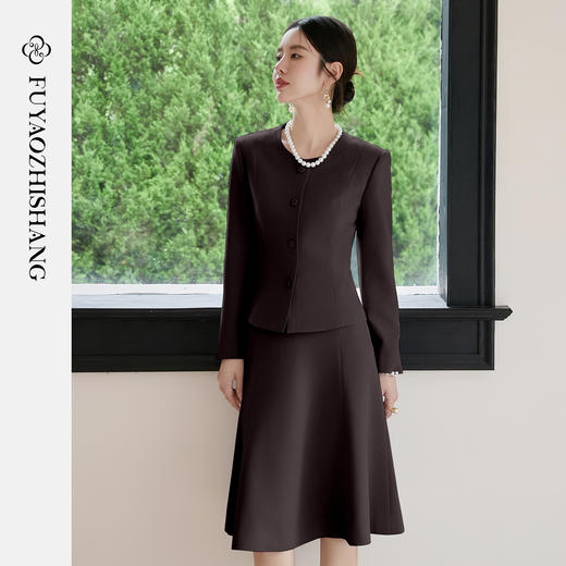 FUYAO扶摇 短款西装外套女秋冬高级感气质棕色小香风西服时尚套装 商品图0