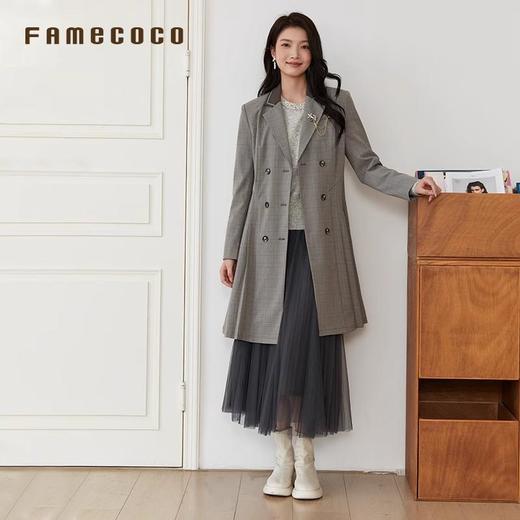 Famecoco范可儿英伦格纹风衣中长款学院风西装领外套FAB6AW006 商品图4
