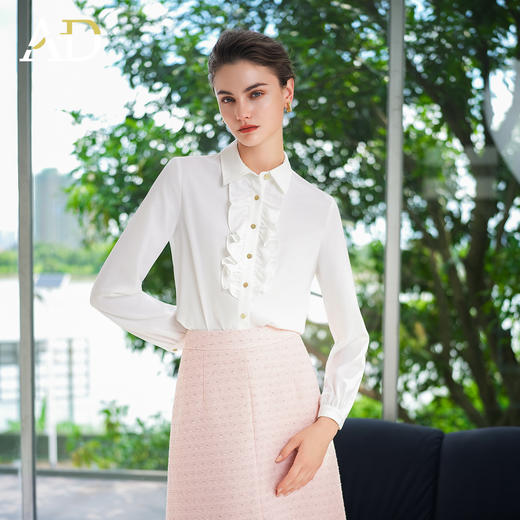 AD独特设计感漂亮白色衬衫女洋气木耳边褶皱长袖2025新款气质小衫 商品图0